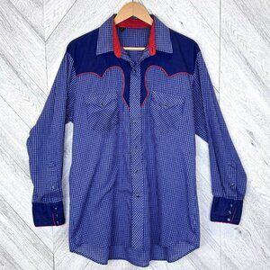 VTG Wrangler Pearl Snap Shirt Western Cowboy Yoke Extra Long Tail Large 17/34